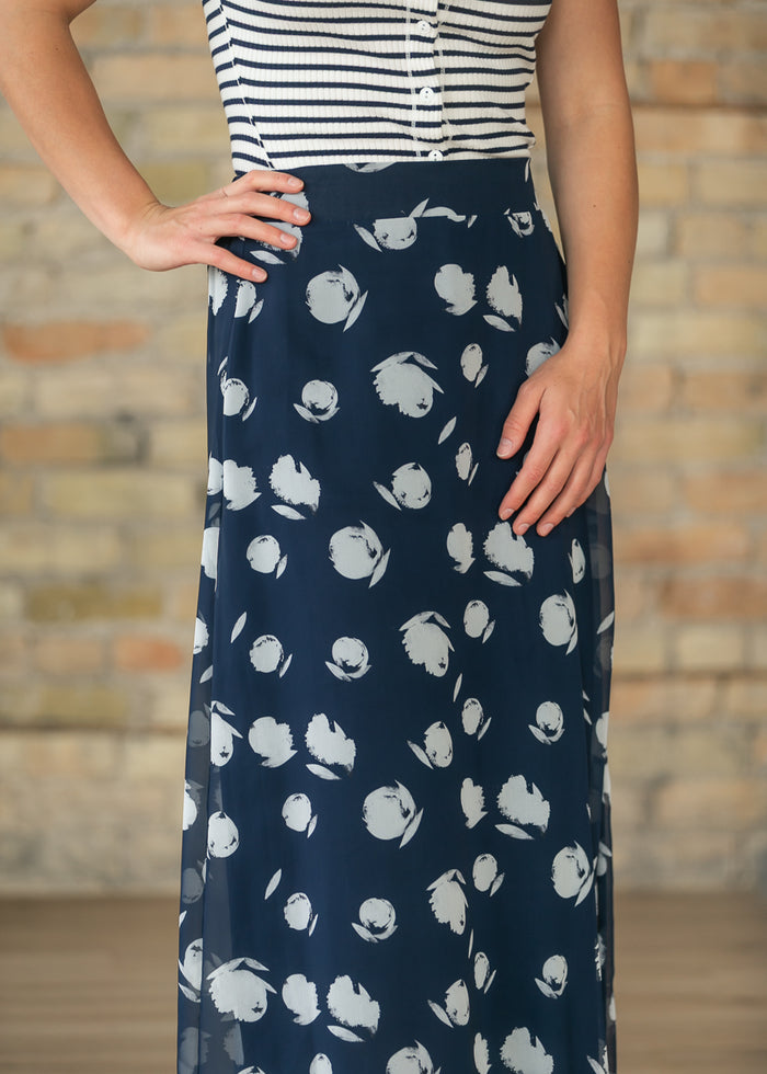 Braylyn Navy Watercolor Floral Midi Skirt IC Skirts