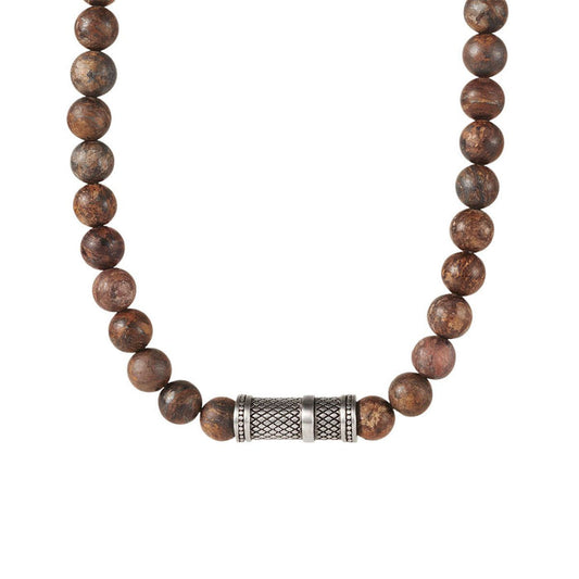 Bronzite Stone Necklace with Ion Plated Black Lattice Pattern Stainless Steel