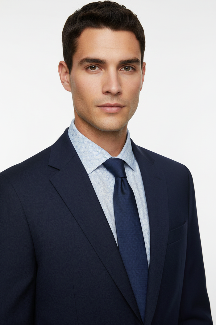 BFC2577 Style Proof — Pale Blue Starburst Print with Navy Blazer & Tie