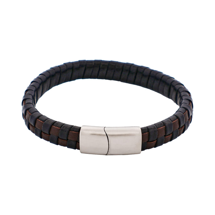 Brown & Black Braided Leather & Steel Bracelet