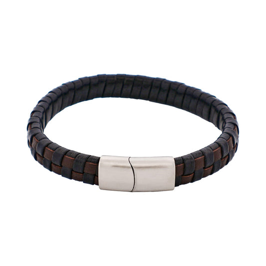 Brown & Black Braided Leather & Steel Bracelet