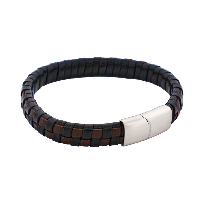 Brown & Black Braided Leather & Steel Bracelet