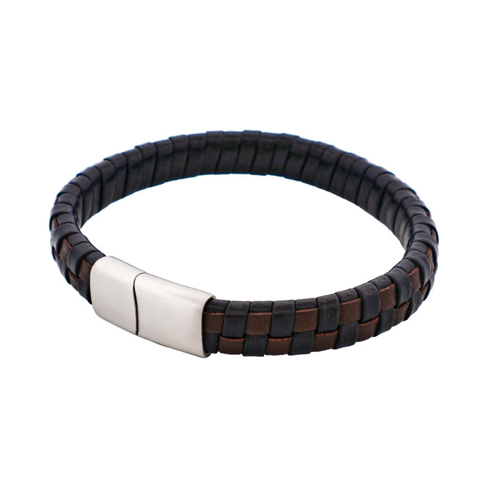 Brown & Black Braided Leather & Steel Bracelet
