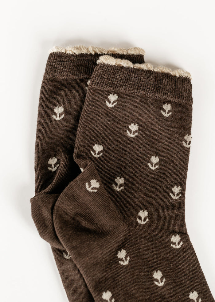 Brown Crew Floral Cotton Sock Accessory