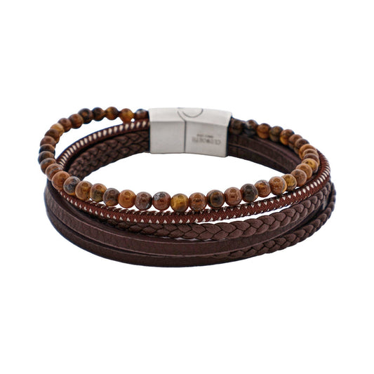 Brown Leather Multi Strand & Tiger Eye Stainless Steel Bracelet