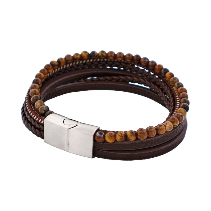 Brown Leather Multi Strand & Tiger Eye Stainless Steel Bracelet