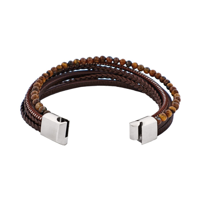 Brown Leather Multi Strand & Tiger Eye Stainless Steel Bracelet