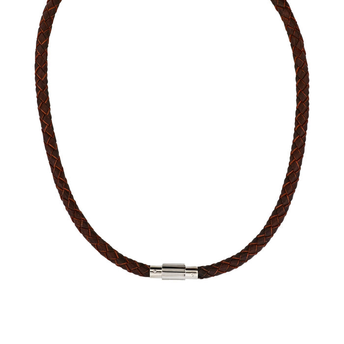 Brown Leather-Stainless Steel Neck Chain
