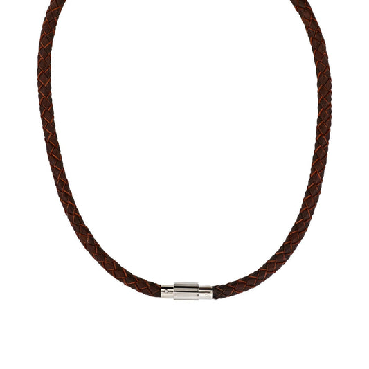 Brown Leather-Stainless Steel Neck Chain