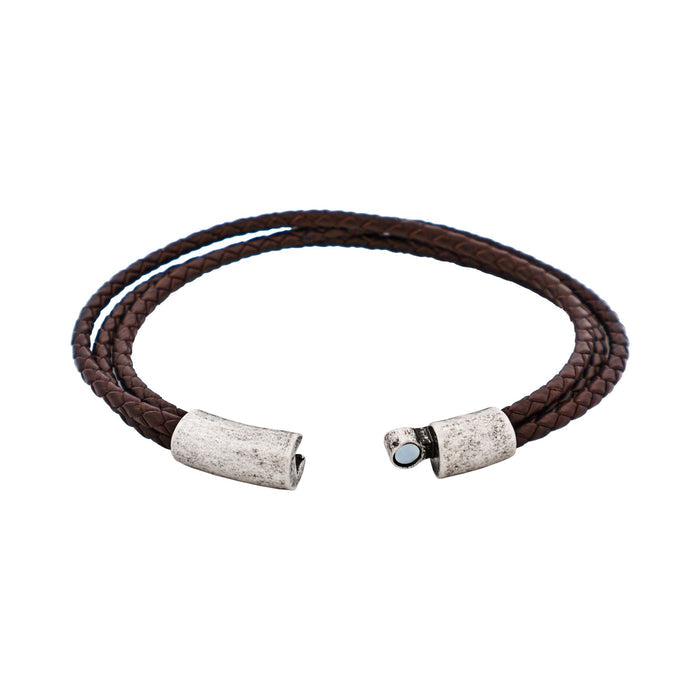 Brown Leather Triple Strand Bracelet with Antique Plated Stainless Steel Clasp