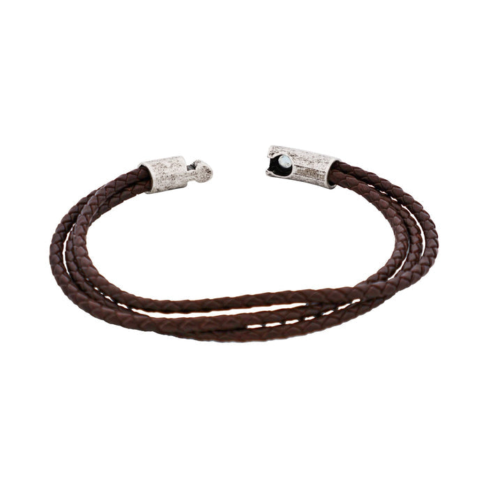 Brown Leather Triple Strand Bracelet with Antique Plated Stainless Steel Clasp