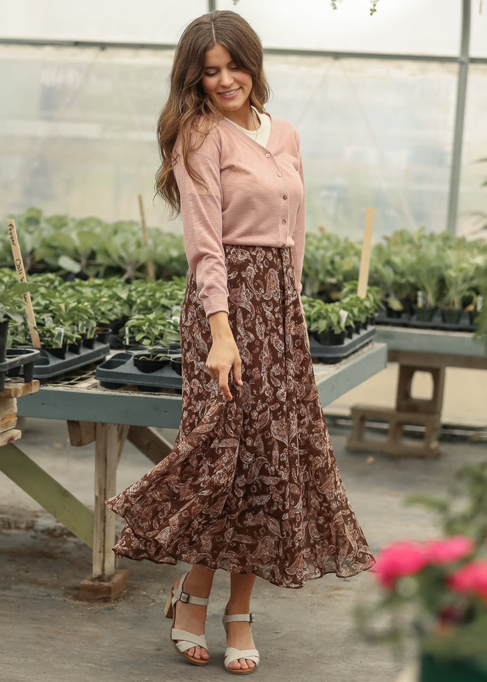 Brown Paisley Print Maxi Skirt FF Skirts