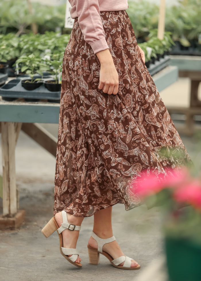 Brown Paisley Print Maxi Skirt FF Skirts