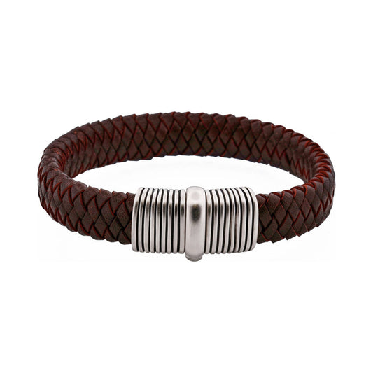 Brown Woven Leather Bracelet with Brushed Rhodium Plated Sterling Silver Clasp