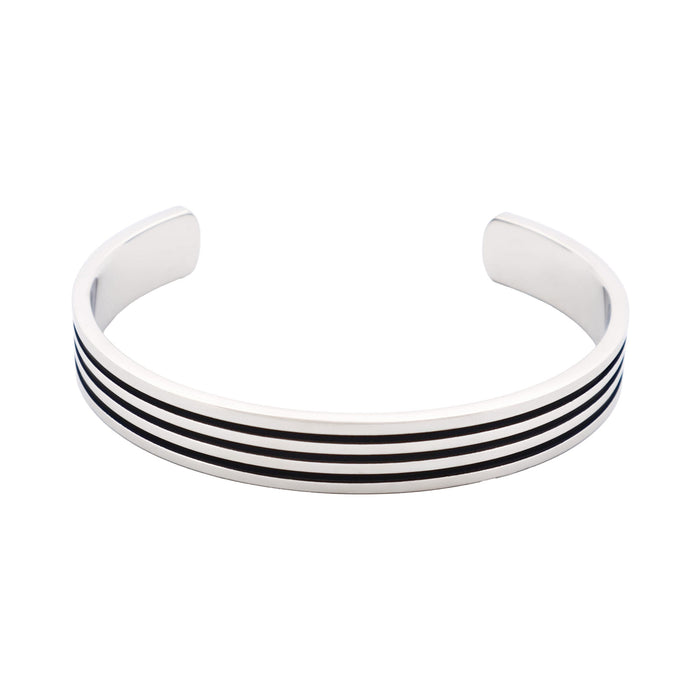 Brushed and Polished Stainless Steel Cuff/Bangle + Ion Plated Black StrIpes