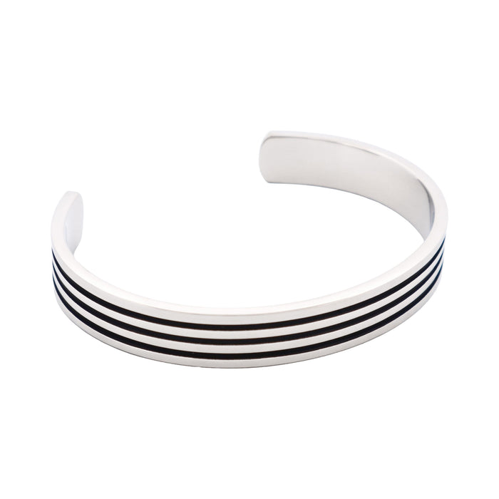 Brushed and Polished Stainless Steel Cuff/Bangle + Ion Plated Black StrIpes
