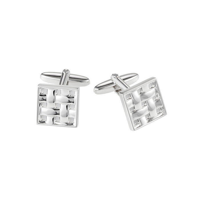 Brushed & Polished Rhodium Plated Square Weave Patterned Cufflinks