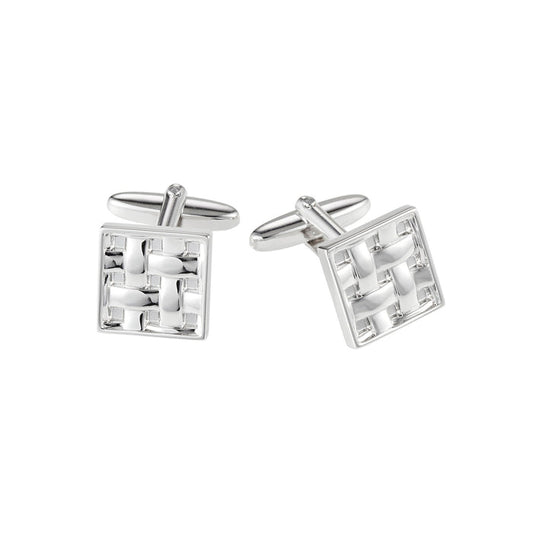 Brushed & Polished Rhodium Plated Square Weave Patterned Cufflinks