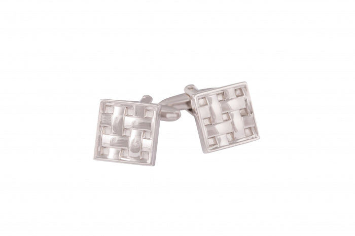 Brushed & Polished Rhodium Plated Square Weave Patterned Cufflinks