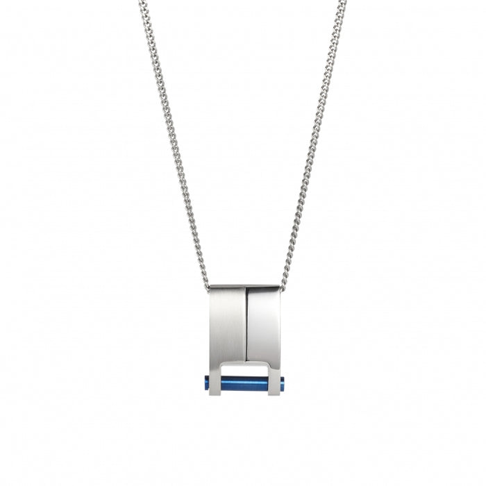 Brushed & Polished Stainless Steel & Ion Plated Blue Pendant on Curbed Link Chain