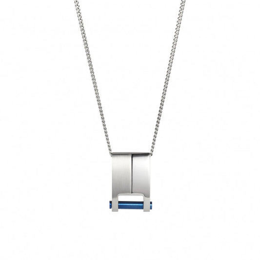 Brushed & Polished Stainless Steel & Ion Plated Blue Pendant on Curbed Link Chain