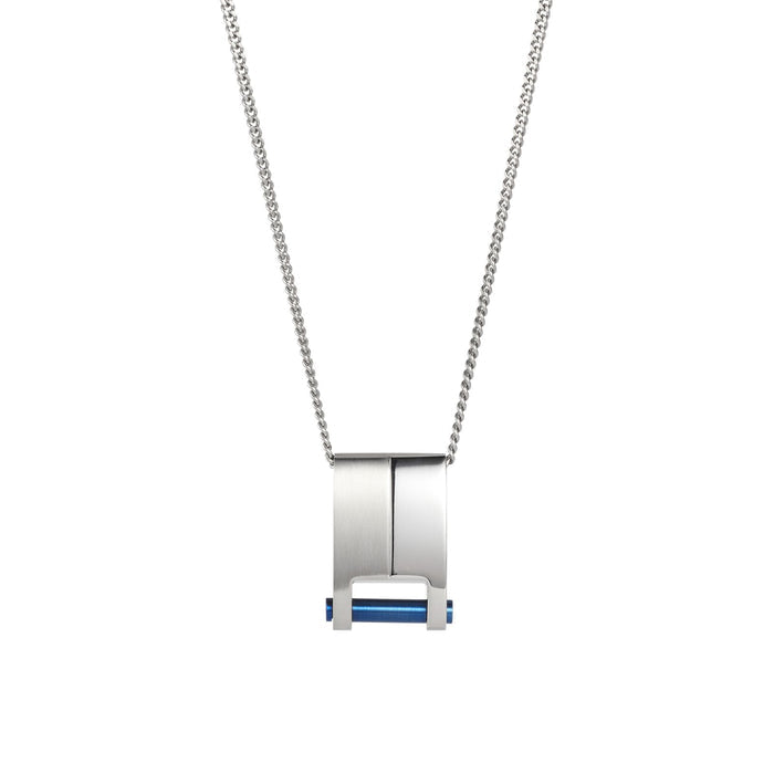 Brushed & Polished Stainless Steel & Ion Plated Blue Pendant on Curbed Link Chain