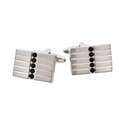 Brushed Rhodium Plated Rectangle Cufflinks with 5 Jet Black Crystals