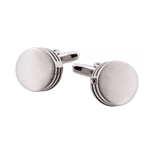 Brushed Rhodium Plated Round & Black Enamel Side Stripe Cufflinks