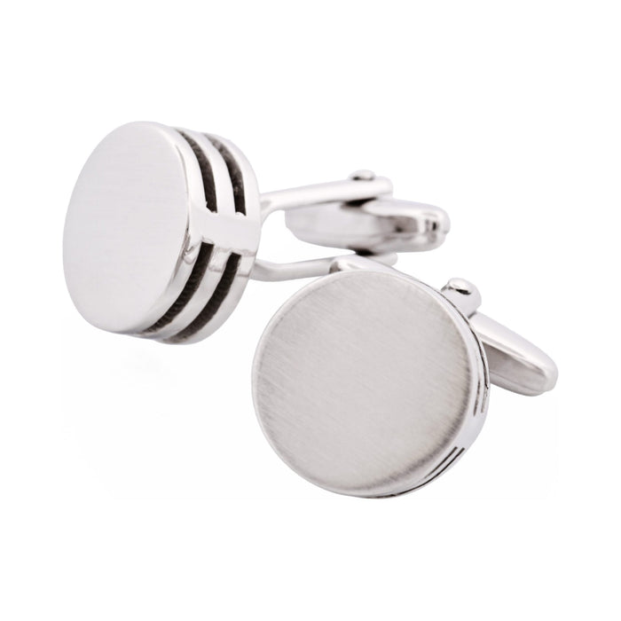 Brushed Rhodium Plated Round & Black Enamel Side Stripe Cufflinks