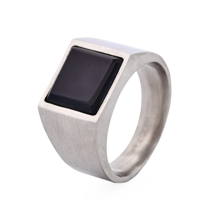 Brushed Stainless Steel and Black Agate Signet Ring
