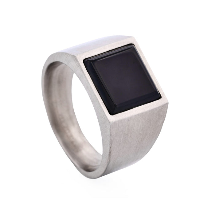 Brushed Stainless Steel and Black Agate Signet Ring