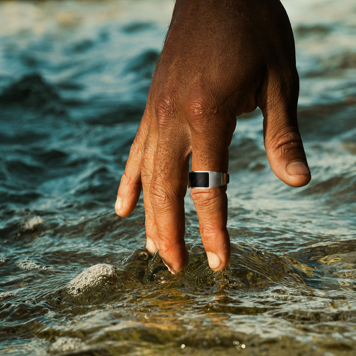 Brushed Stainless Steel and Black Carbon Fibre Signet Ring