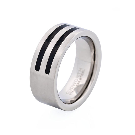 Brushed Stainless Steel and Double Striped Black Enamel Ring