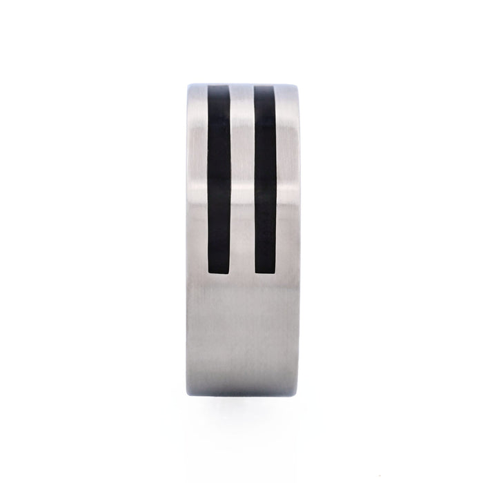 Brushed Stainless Steel and Double Striped Black Enamel Ring