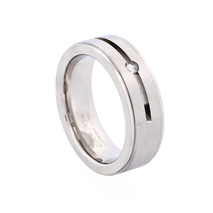 Brushed Stainless Steel and Single Cubic Zirconia Ring