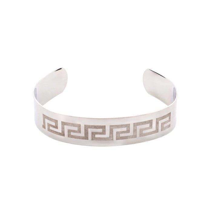 Brushed Stainless Steel Bangle & Cuff - Etched Greek Key Pattern
