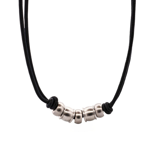 Brushed Stainless Steel Bead Pendant on Leather Chain