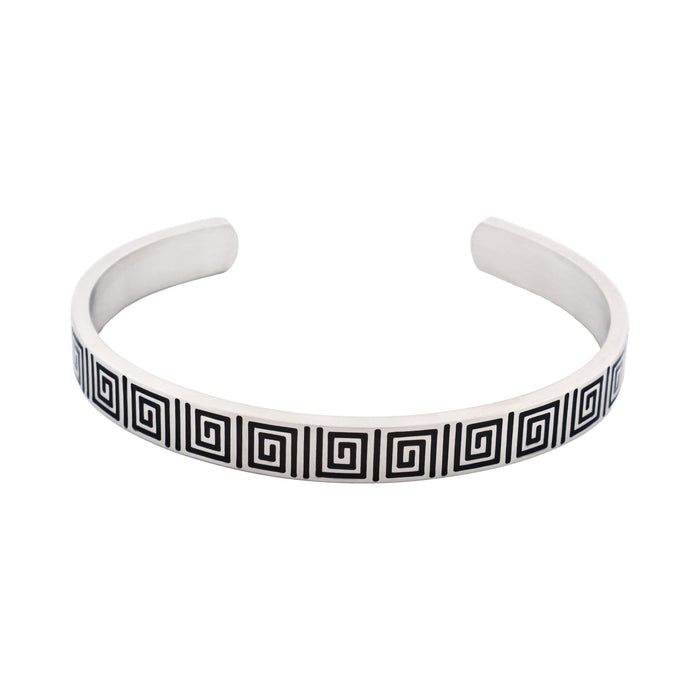 Brushed Stainless Steel Black Enamel Greek Key Pattern Cuff/Bangle
