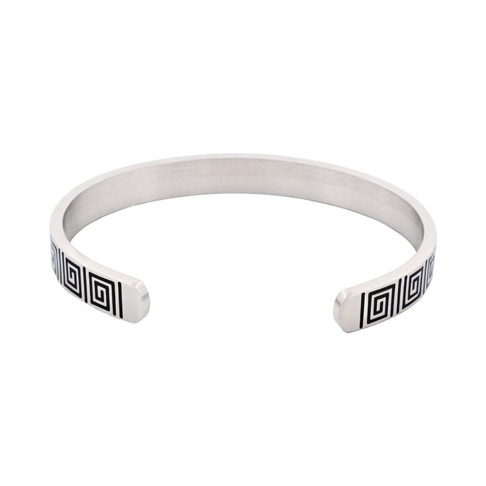 Brushed Stainless Steel Black Enamel Greek Key Pattern Cuff/Bangle