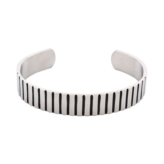 Brushed Stainless Steel Corrogated Cuff & Bangle with Black Enamel