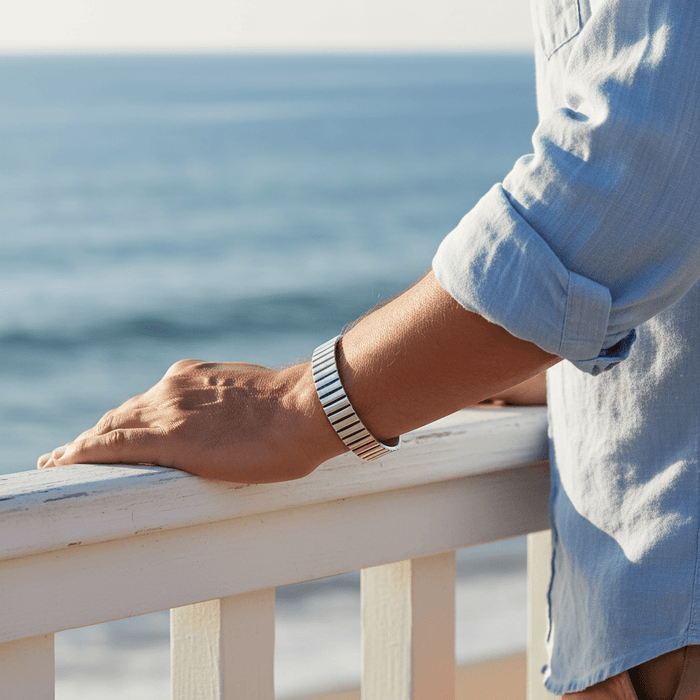 Brushed Stainless Steel Corrogated Cuff & Bangle with Black Enamel