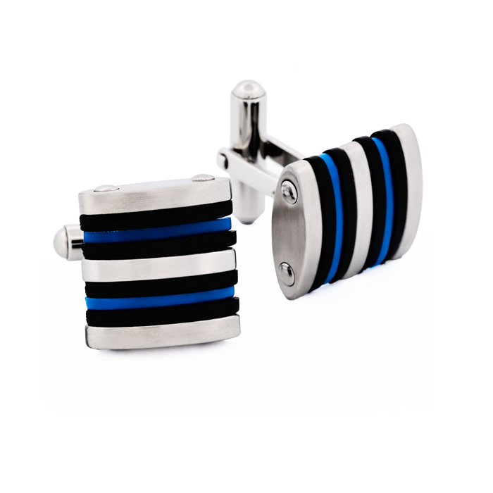 Brushed Stainless Steel Curved Face Cufflinks with Black & Blue Rubber