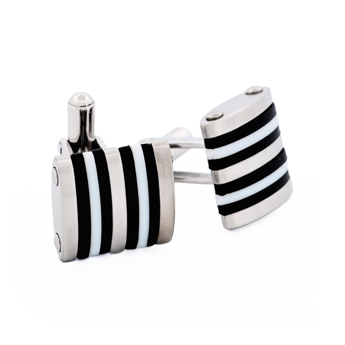 Brushed Stainless Steel Curved Face Cufflinks with Black & White Rubber