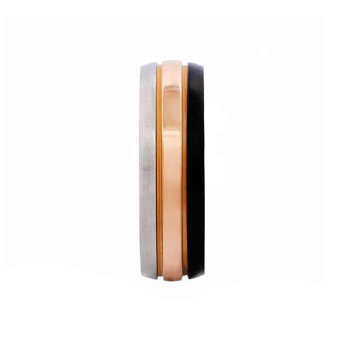 Brushed Stainless Steel, Ion Plated Rose Gold & Gun Metal Ring