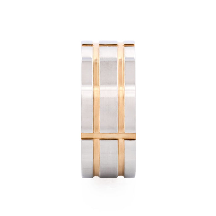 Brushed Stainless Steel & Ion Plated Yellow Gold Indented Grid Ring
