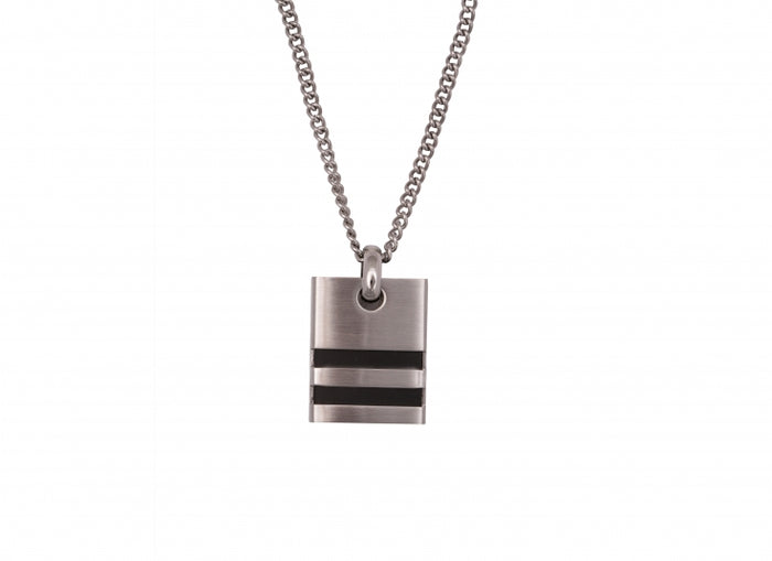 Brushed Stainless Steel Pendant with Double Horizontal Rubber Inlay on Curbed Link Chain