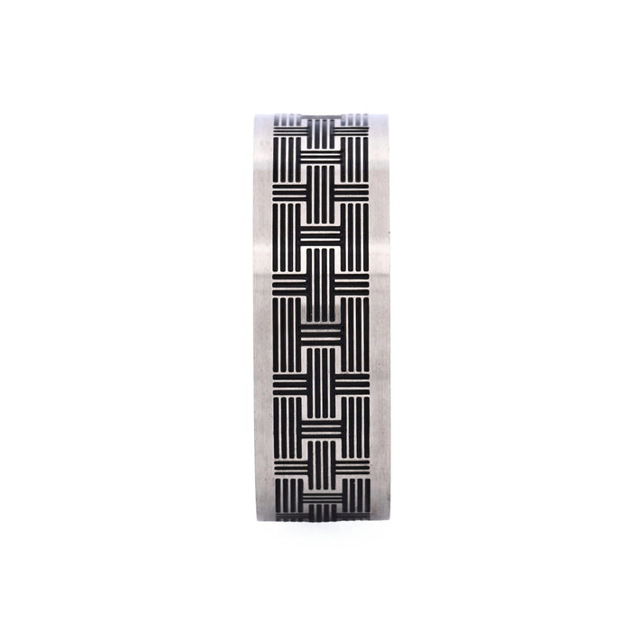Brushed Stainless Steel Ring with Black enamel Brick Pattern