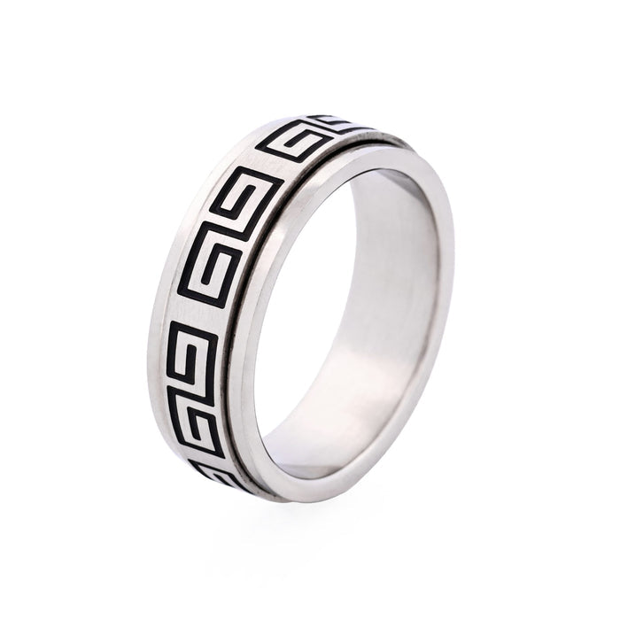Brushed Stainless Steel Ring with Black Enamel Greek Key Pattern