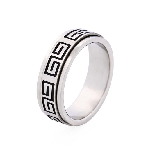 Brushed Stainless Steel Ring with Black Enamel Greek Key Pattern