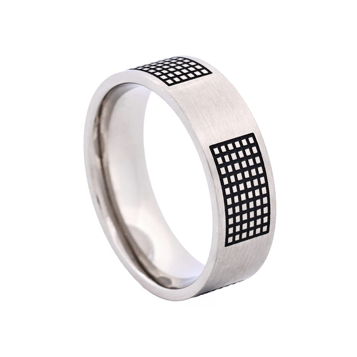 Brushed Stainless Steel Ring with Black Enamel Lattice Pattern